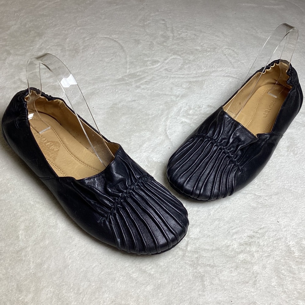 Chocolat Blu Cam2-W Black Italian Leather Pleated Ruched Ballet Flats Womens 9M